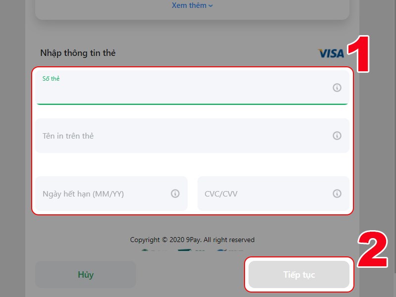 Nhập th&ocirc;ng tin thẻ v&agrave; thanh to&aacute;n