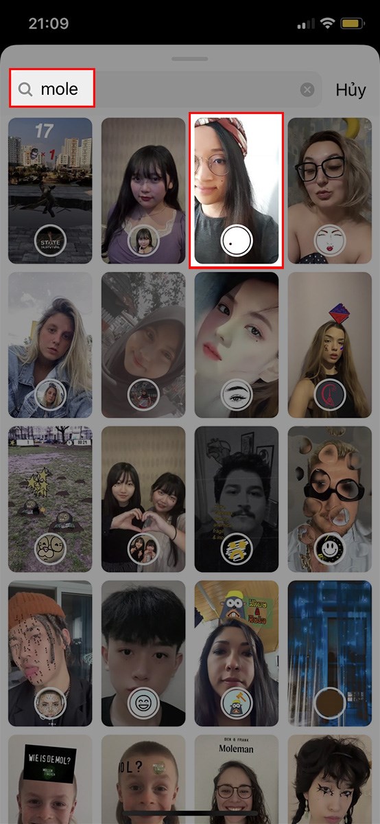 Nhập từ kh&oacute;a mole&nbsp;v&agrave; chọn filter nốt ruồi tr&ecirc;n Instagram m&agrave; bạn muốn sử dụng