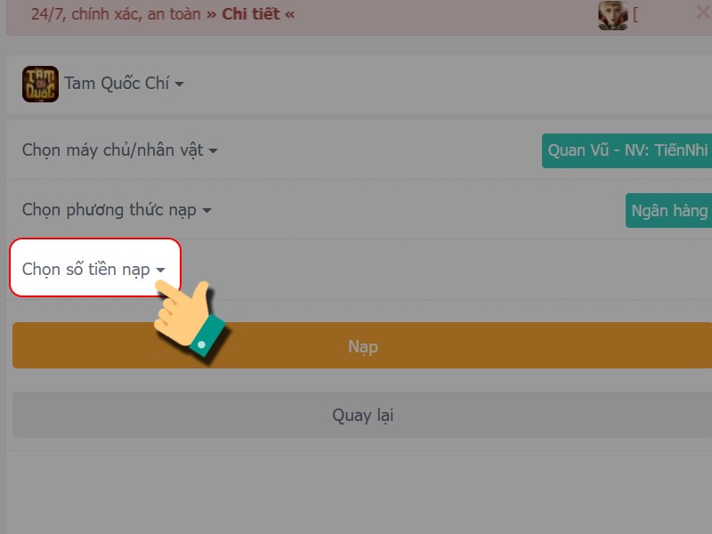 Chọn số tiền nạp