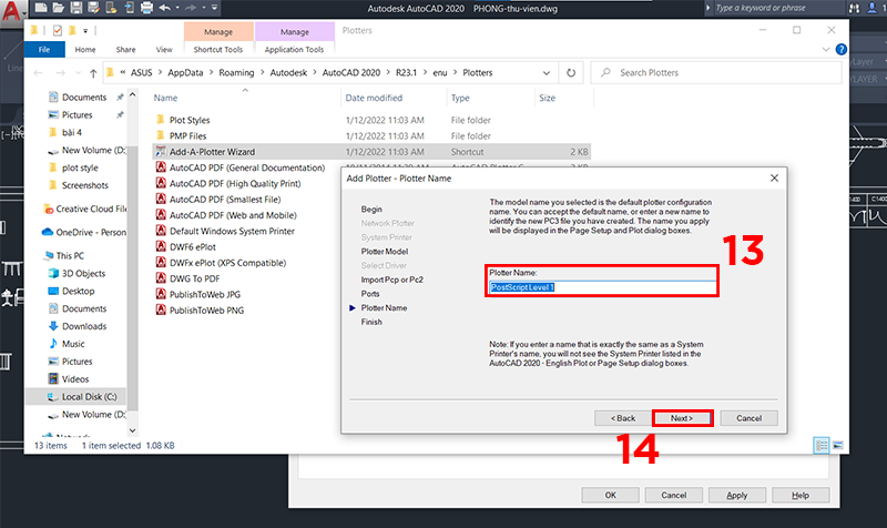 Đổi t&ecirc;n trong mục Plotter Name v&agrave; bấm Next
