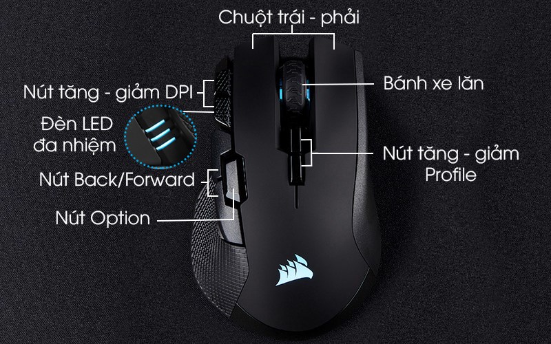 Cận cảnh n&uacute;t chức năng của Corsair Iron Claw RGB