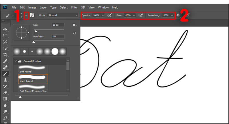 Chỉnh size, opacity, flow, smoothing của Brush sao cho giống với nét chữ