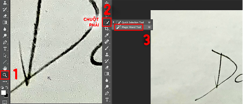 D&ugrave;ng tool Zoom in ph&oacute;ng to&nbsp;v&agrave;o chữ k&yacute;&nbsp;> Chọn Magic Wand tool