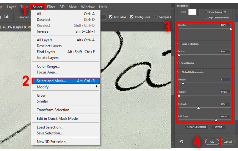 Chọn Select > Chọn Select and Mask > Chọn OK