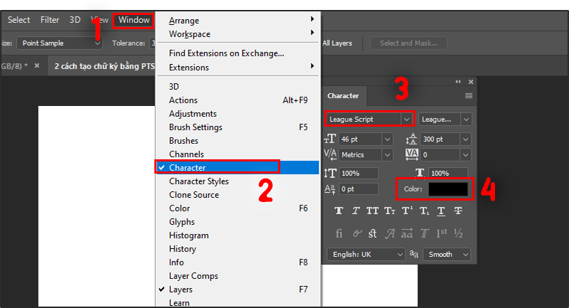 Mở cửa sổ Character > Chọn font chữ vừa tải > Chọn m&agrave;u đen cho chữ