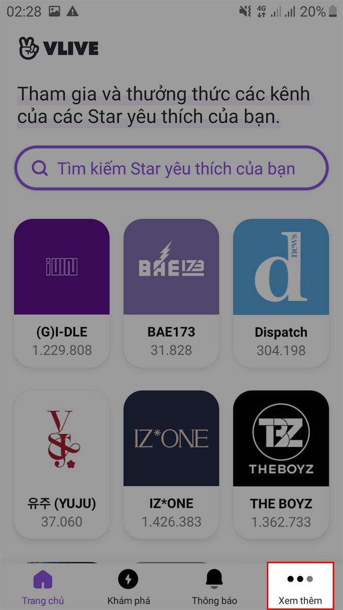 Mở ứng dụng V LIVE, chọn Xem thêm