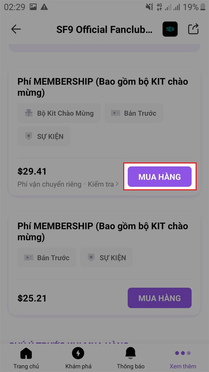 Chọn 1 g&oacute;i MEMBERSHIP m&agrave; bạn muốn đăng k&yacute; Fanship tr&ecirc;n V LIVE > Nhấn MUA H&Agrave;NG