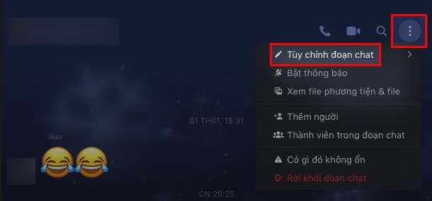 Nhấn biểu tượng 3 dấu chấm > Chọn Tùy chỉnh đoạn chat