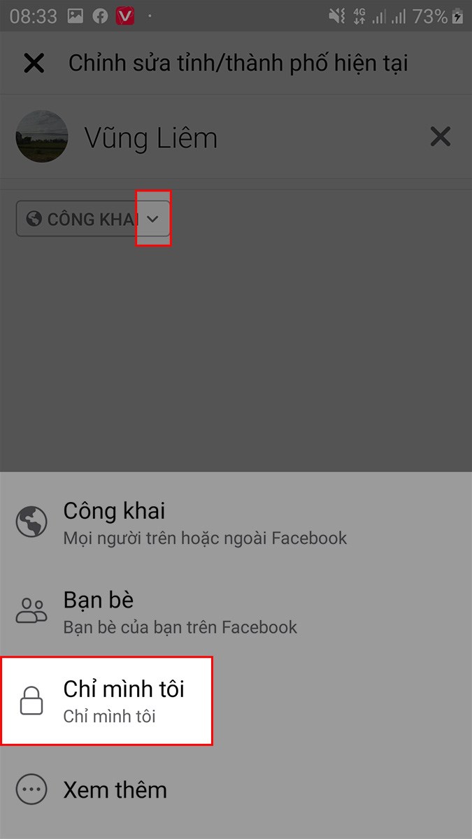 Chọn biểu tượng mũi t&ecirc;n > Chọn Chỉ m&igrave;nh t&ocirc;i để ẩn th&ocirc;ng tin c&aacute; nh&acirc;n tr&ecirc;n Facebook