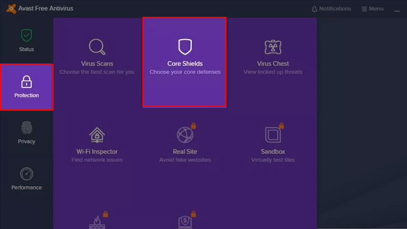 Nhấn chọn mục Protection và nhấn Core Shields