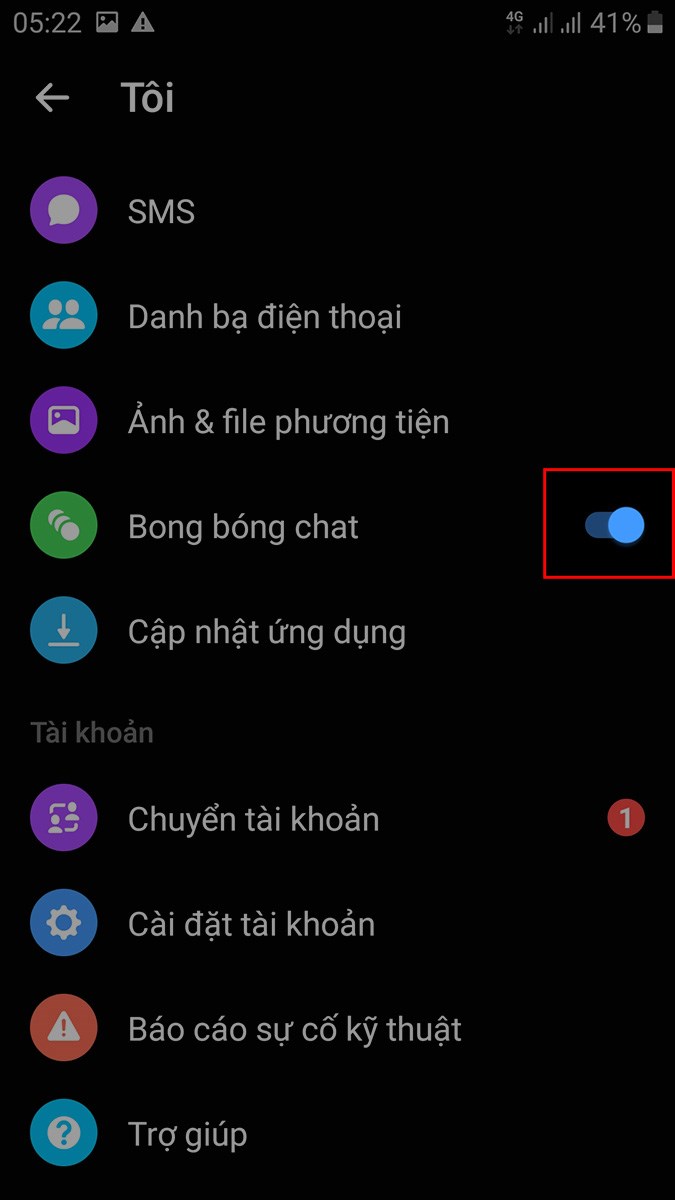 Nhấn biểu tượng nút gạt sang phải tại mục Bong bóng chat