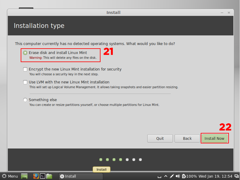 âcsac Chọn Erase disk and install Linux Mint