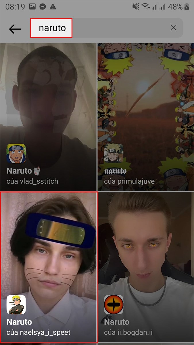 Nhập từ kh&oacute;a naruto v&agrave; chọn filter Naruto tr&ecirc;n Instagram m&agrave; bạn muốn sử dụng