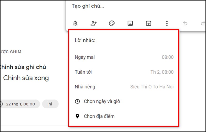 Thiết lập ng&agrave;y giờ, địa điểm cho lời nhắc