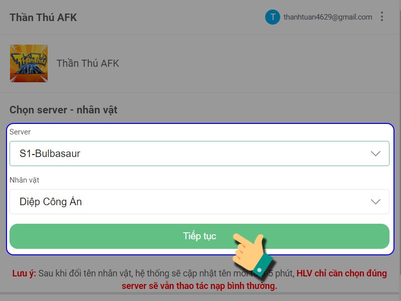 Chọn m&aacute;y chủ v&agrave; nh&acirc;n vật 
