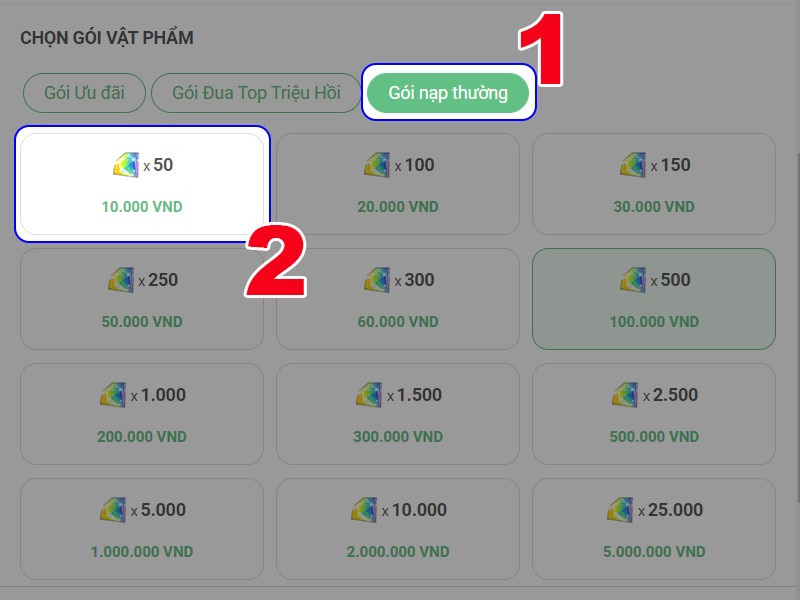 Chọn g&oacute;i nạp 