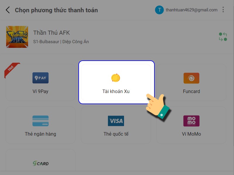 Nạp bằng t&agrave;i khoản Xu