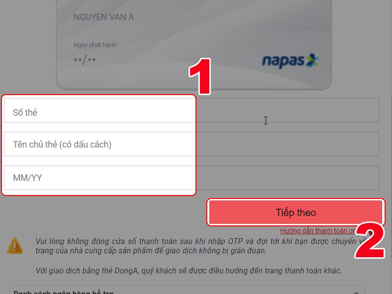 Nhập th&ocirc;ng tin thẻ ATM để thanh to&aacute;n