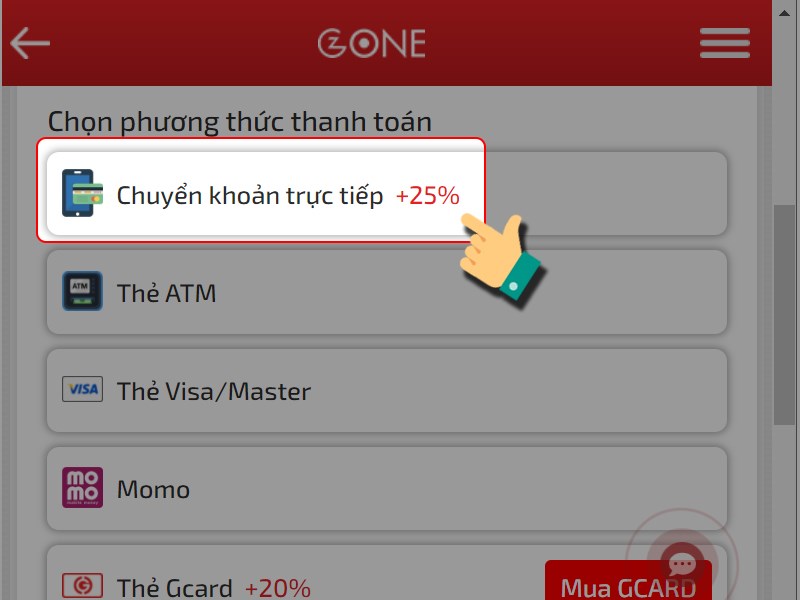 Chọn thanh to&aacute;n chuyển khoản trực tiếp