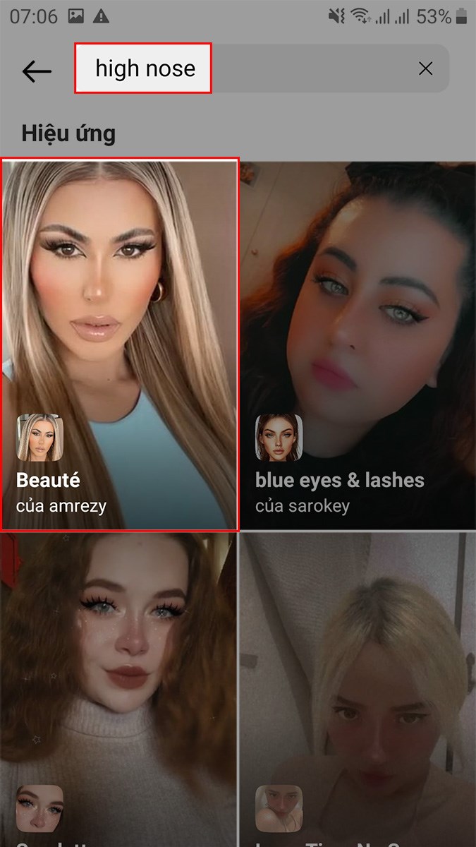 Nhập từ kh&oacute;a high nose&nbsp;v&agrave; chọn filter mũi cao tr&ecirc;n Instagram m&agrave; bạn muốn sử dụng