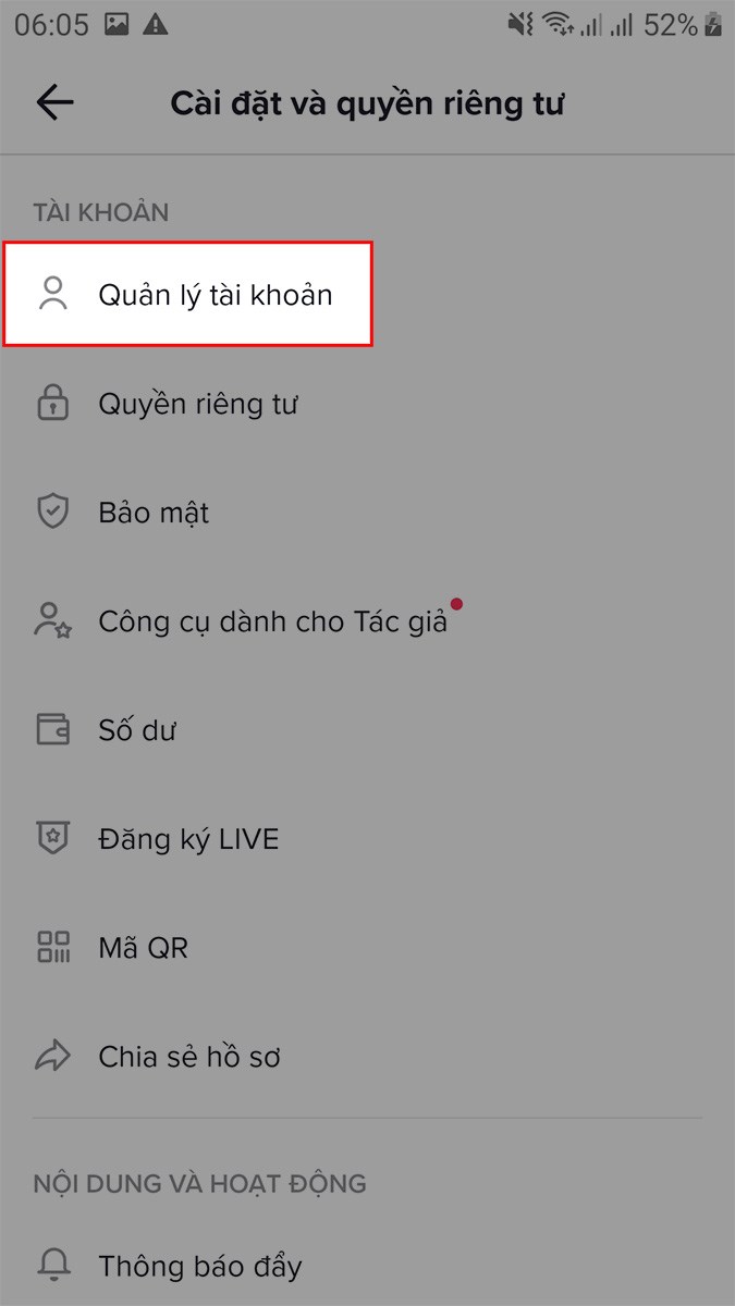 Chọn Quản lý tài khoản