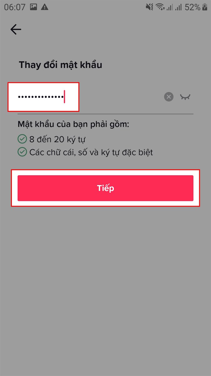 Nhập mật khẩu bạn muốn đặt cho TikTok > Chọn Tiếp