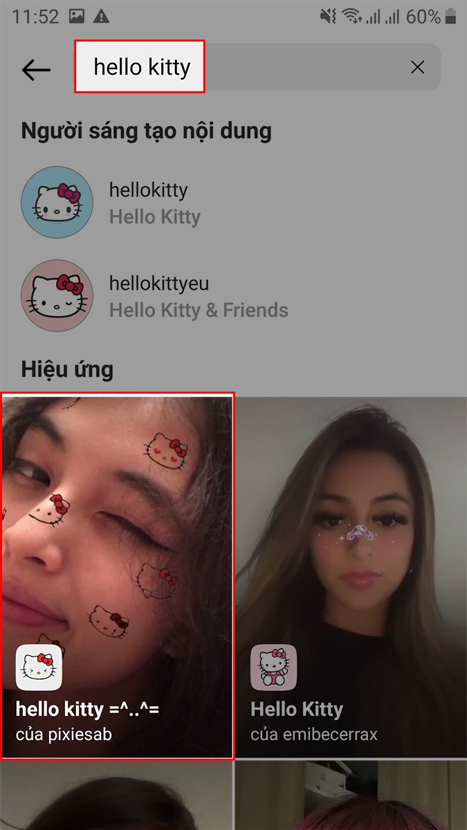Nhập từ khóa hello kitty và chọn filter Hello Kitty trên Instagram mà bạn muốn sử dụng