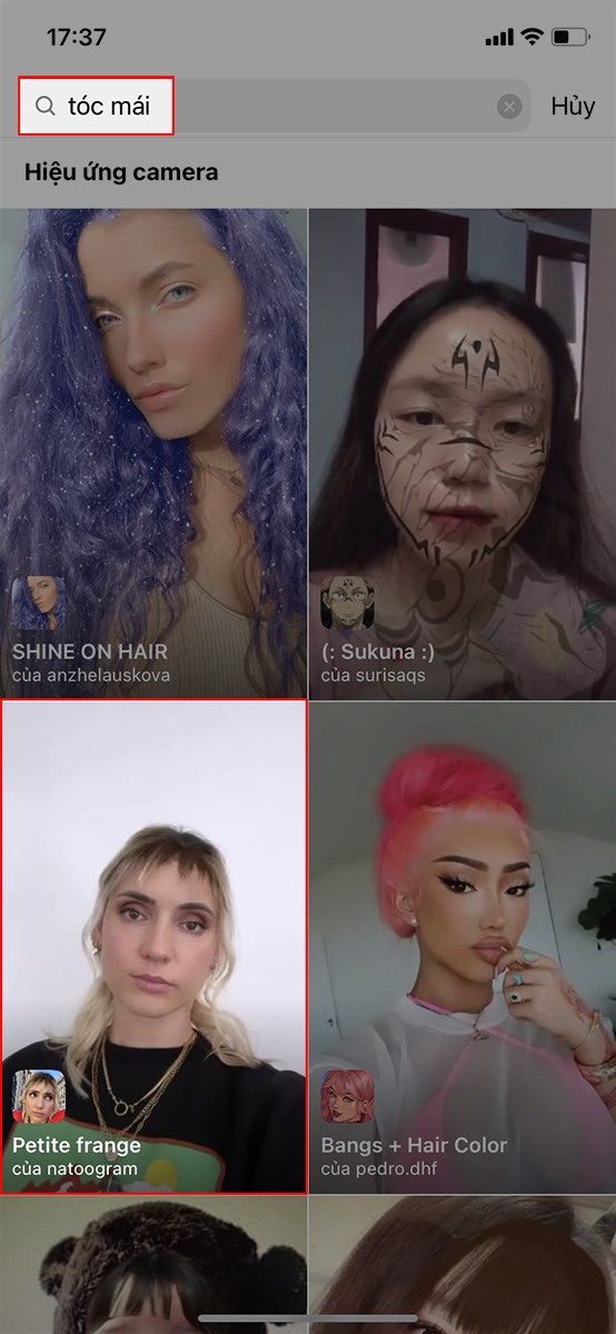 Nhập từ kh&oacute;a bangs&nbsp;hoặc&nbsp;t&oacute;c m&aacute;i v&agrave; chọn filter t&oacute;c m&aacute;i tr&ecirc;n Instagram m&agrave; bạn muốn sử dụng