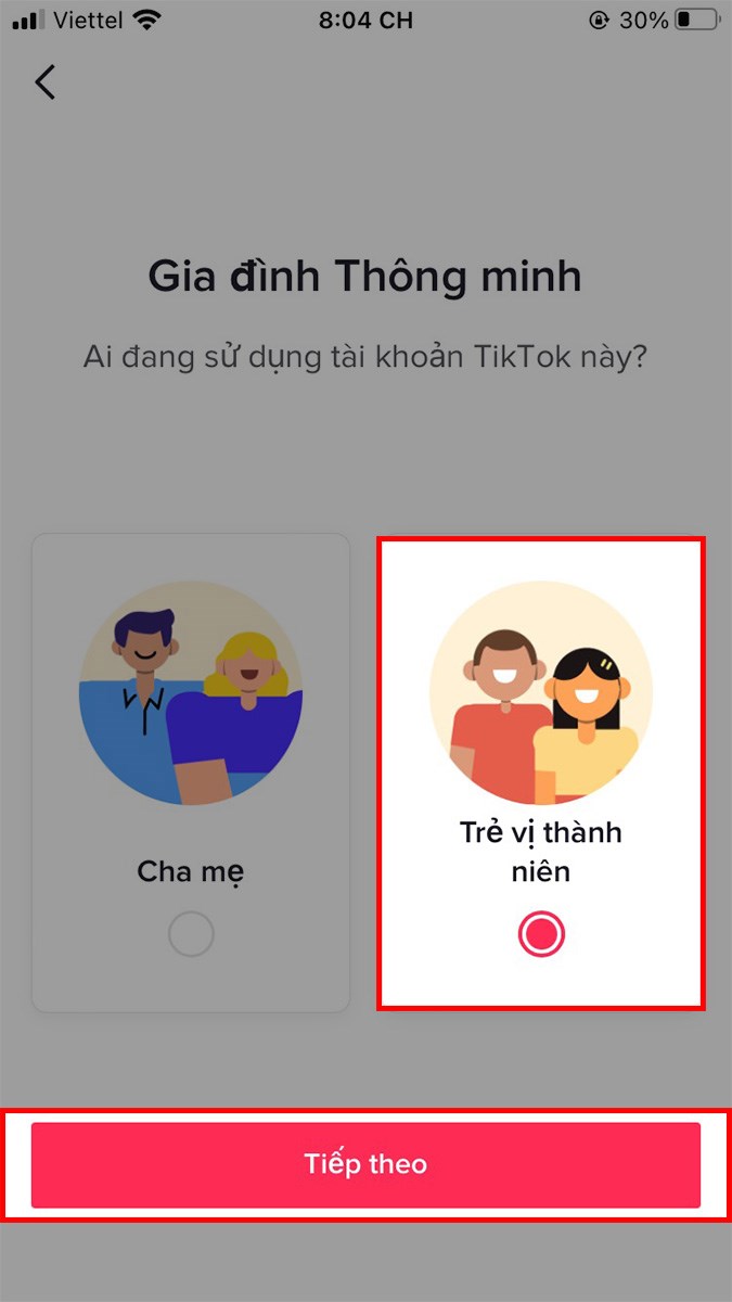 Sau đ&oacute;, chọn Trẻ vị th&agrave;nh ni&ecirc;n&nbsp;> Chọn Tiếp theo