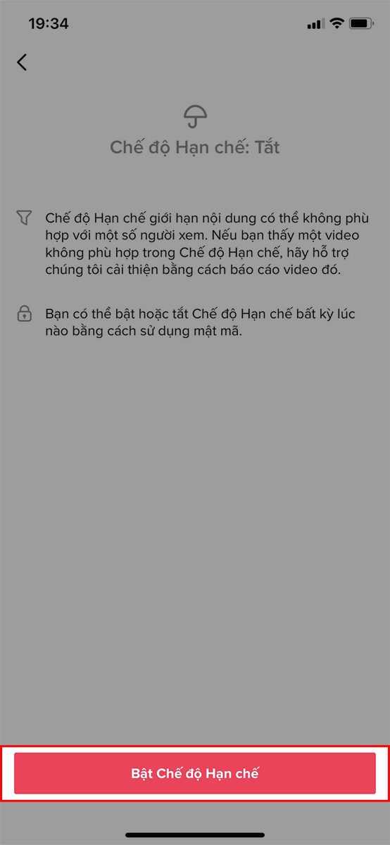 Chọn Bật Chế độ Hạn chế