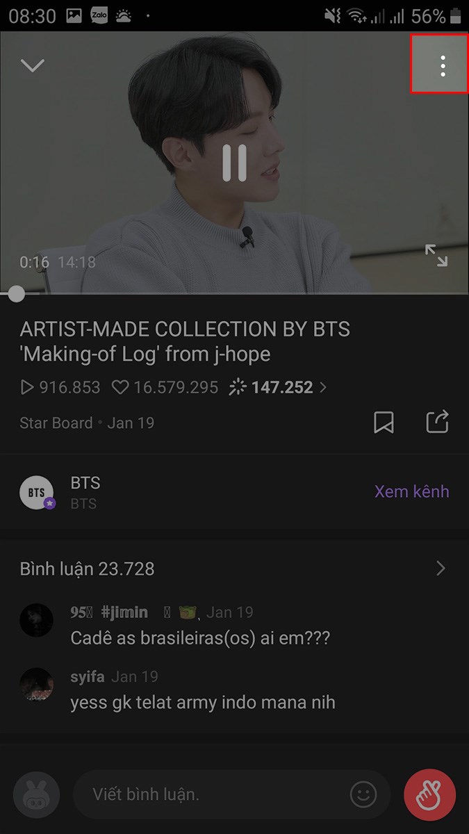 Chọn biểu tượng 3 dấu chấm
