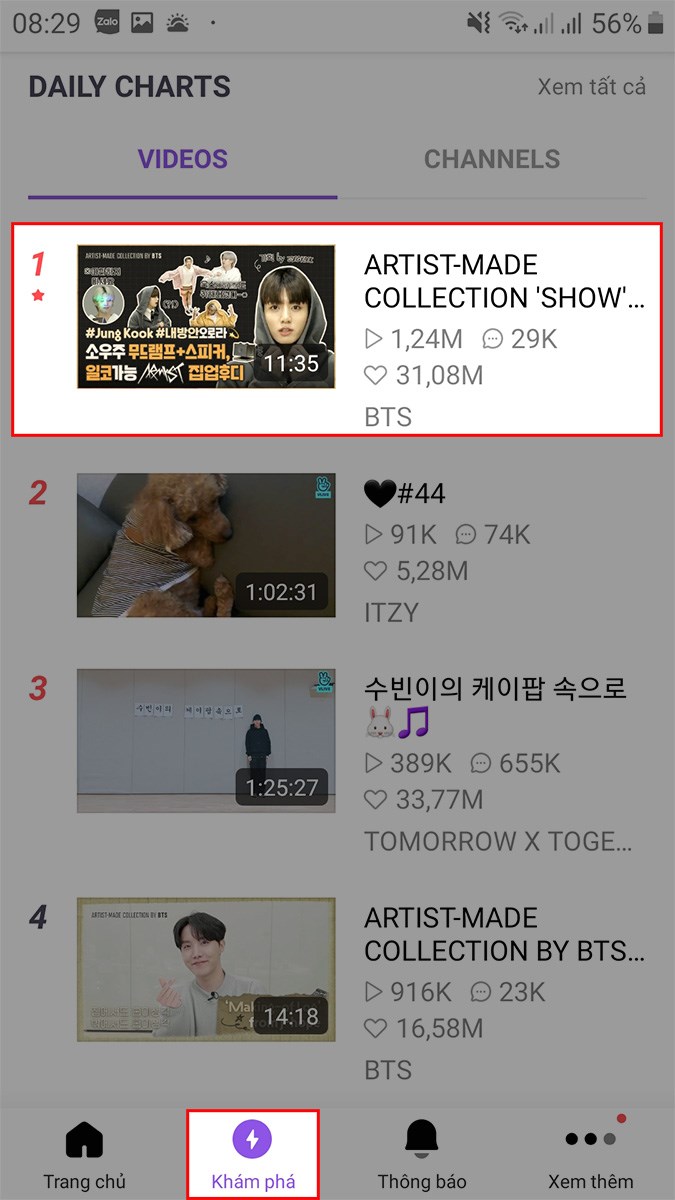 Mở ứng dụng V LIVE, chọn Kh&aacute;m ph&aacute; > Chọn video m&agrave; bạn muốn tải về từ V LIVE