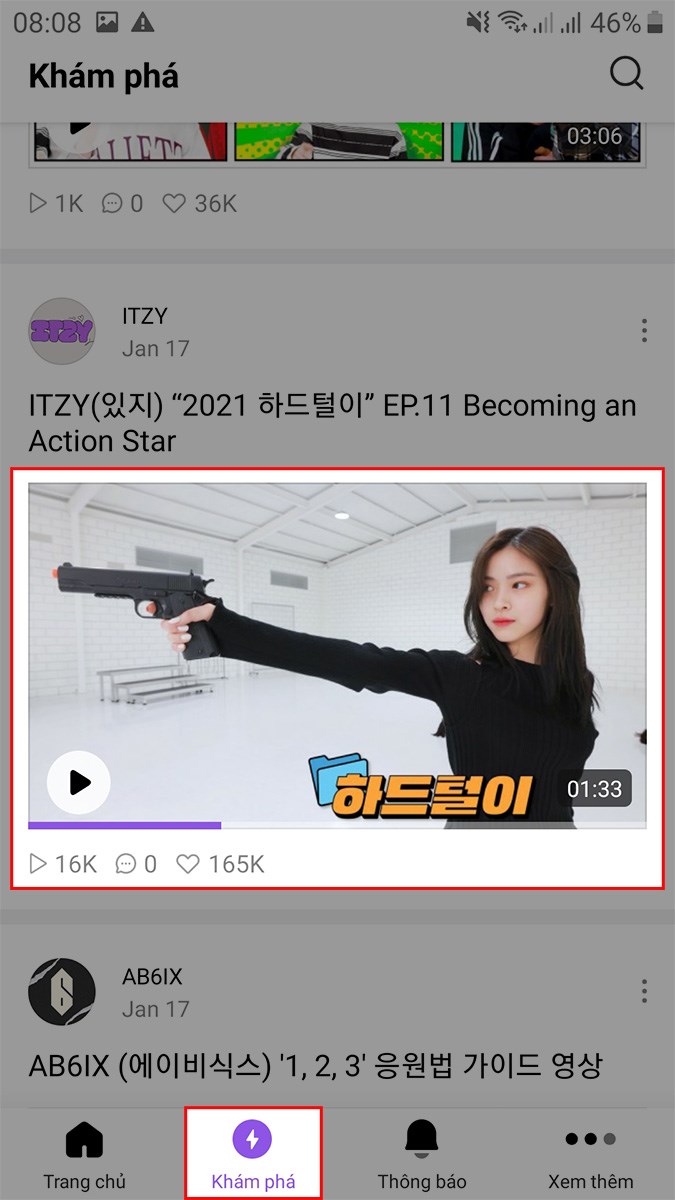 Mở ứng dụng V LIVE, chọn Khám phá > Chọn video mà bạn muốn bật Vietsub trên V LIVE Mở ứng dụng V LIVE, chọn Khám phá > Chọn video mà bạn muốn bật Vietsub trên V LIVE