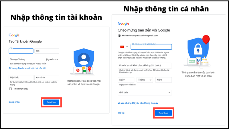 Nhập thông tin tài khoản và thông tin cá nhân