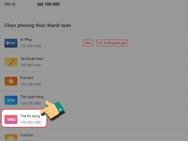 Nạp bằng thẻ t&iacute;n dụng