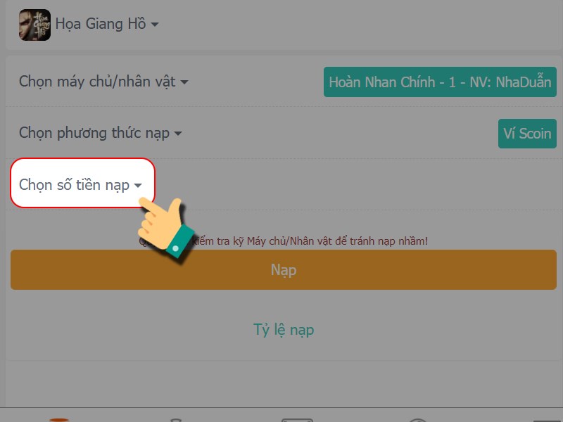 Nhấn v&agrave;o Chọn số tiền nạp