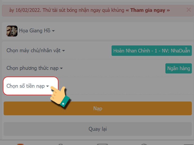 Chọn số tiền nạp