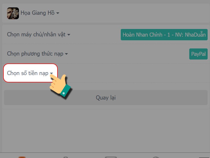 Chọn số tiền nạp