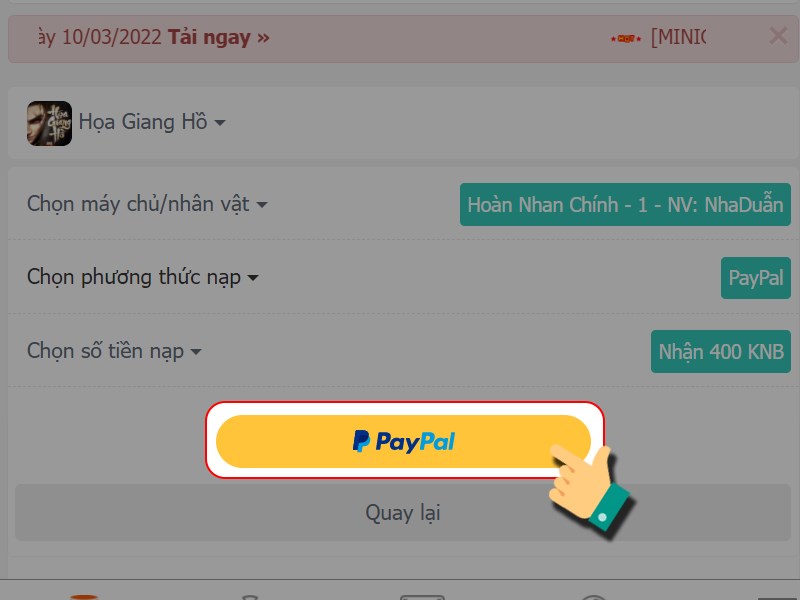 Nhấn v&agrave;o PayPal