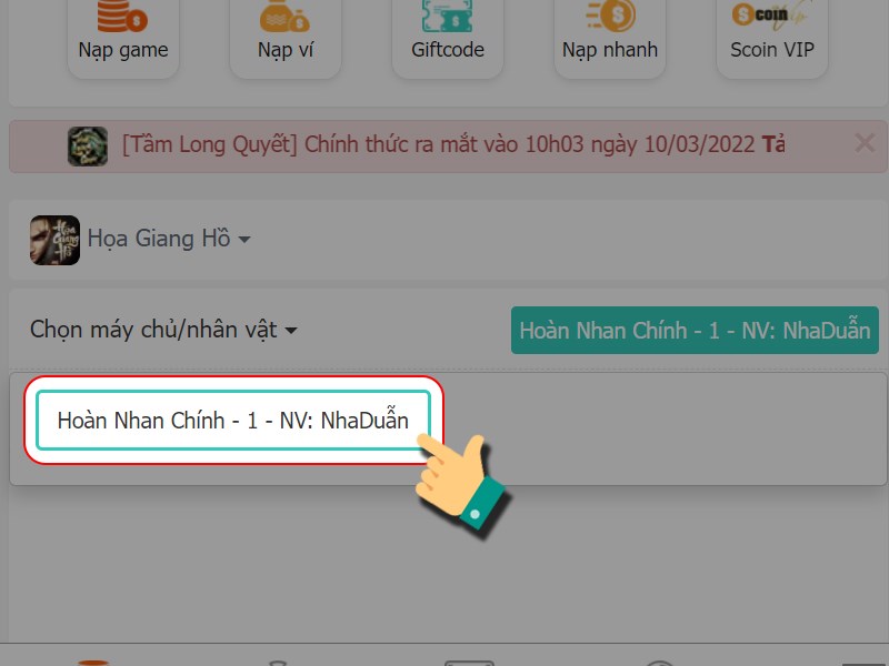 Chọn nh&acirc;n vật bạn muốn nạp