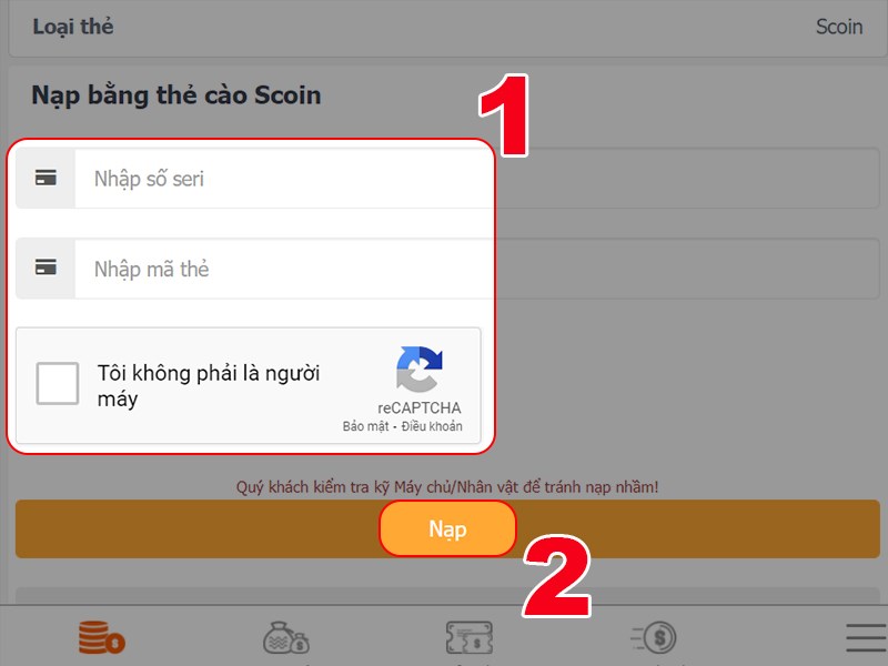 Điền th&ocirc;ng tin thẻ nạp