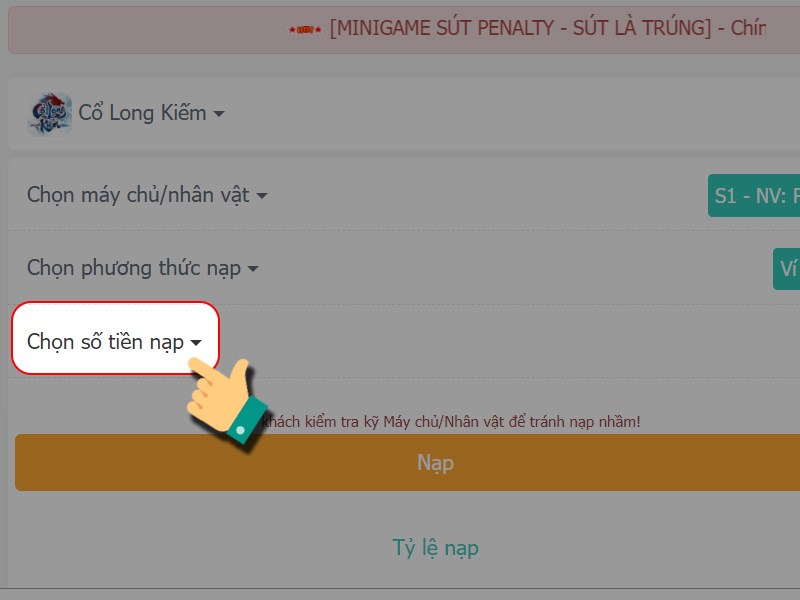 Chọn số tiền nạp