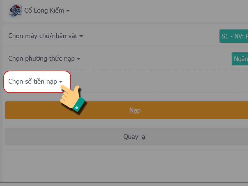 Chọn số tiền nạp