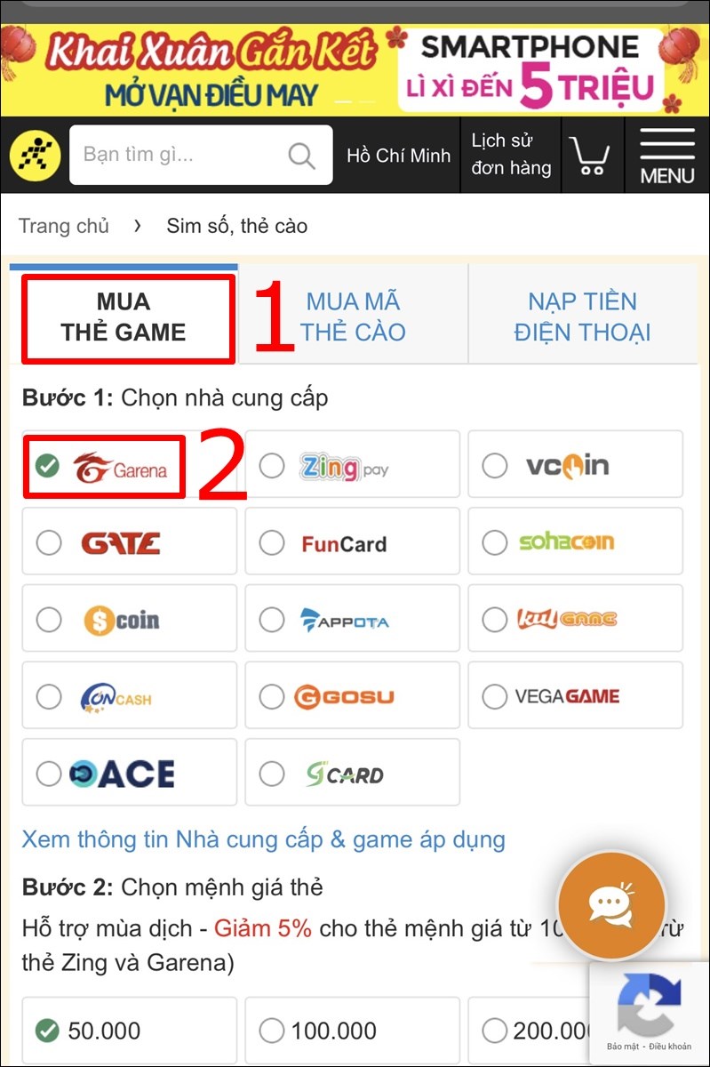 Tại mục Nh&agrave; cung cấp chọn Garena