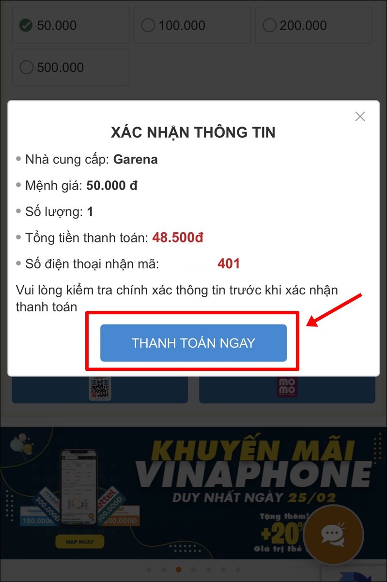 Chọn Thanh to&aacute;n ngay