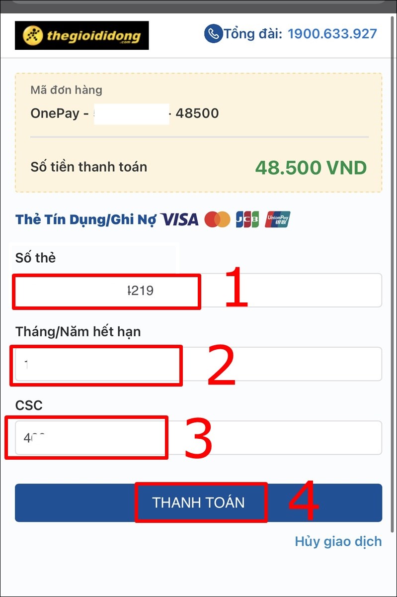 Nhập Số thẻ, Th&aacute;ng/Năm hết hạn, CSC&nbsp;v&agrave; nhấn Thanh to&aacute;n