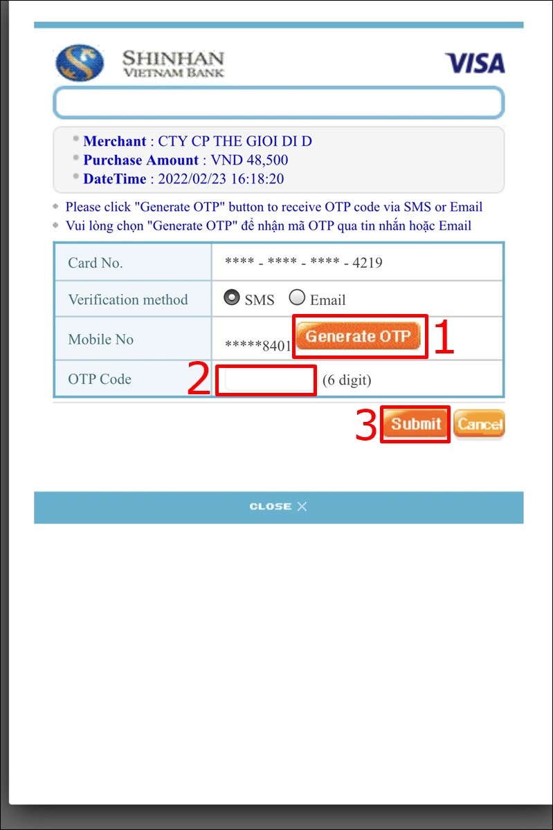  Nhập m&atilde; OTP v&agrave; chọn Submit