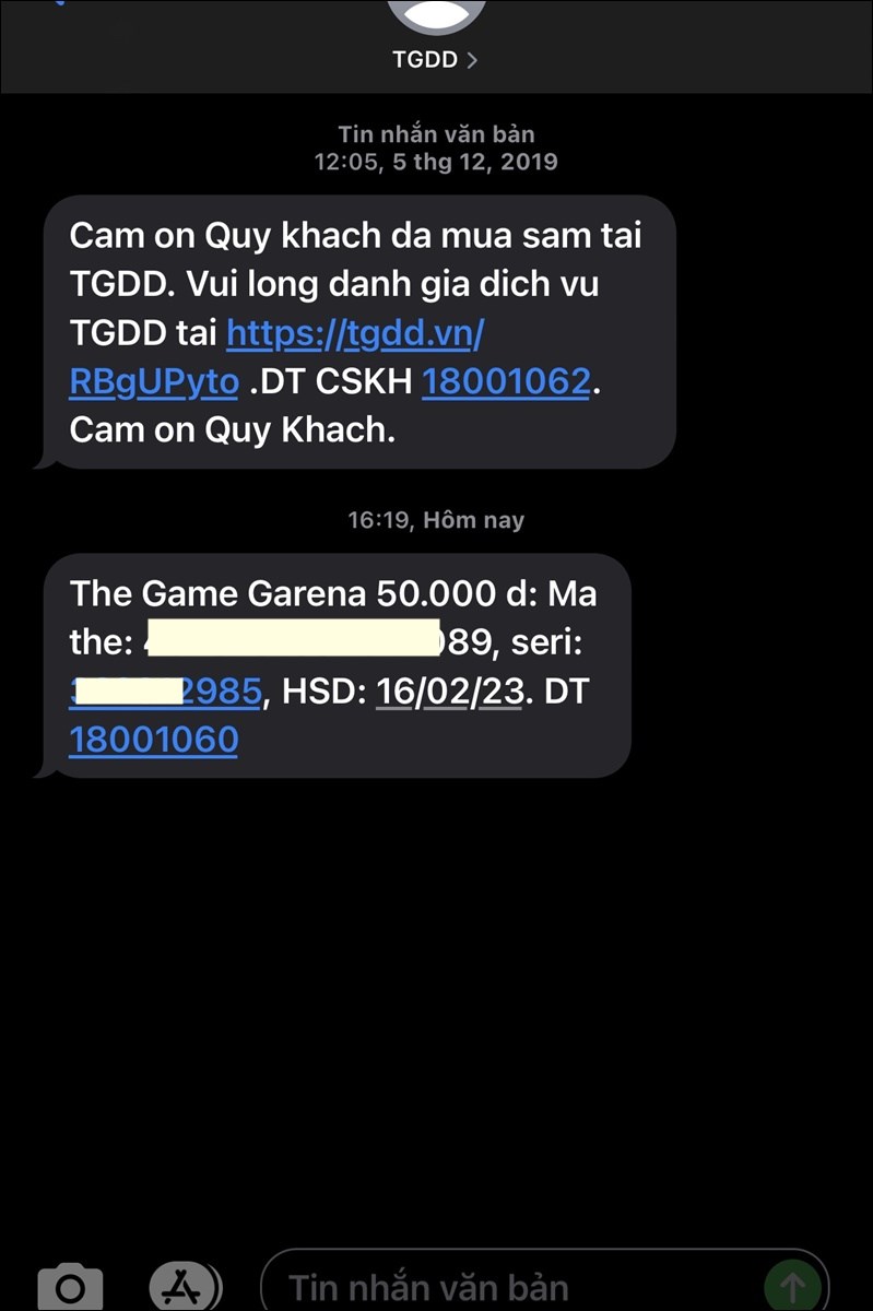 M&atilde; thẻ v&agrave; số Seri được gửi về điện thoại 