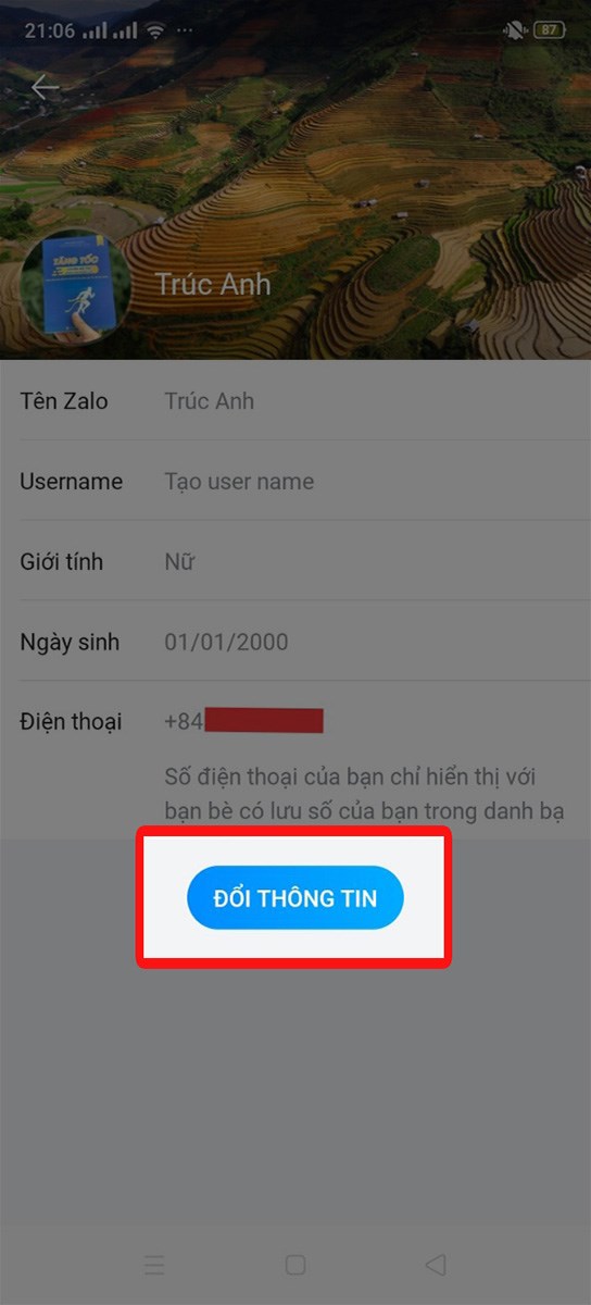  Sau khi bạn bấm v&agrave;o d&ograve;ng chữ &ldquo;Th&ocirc;ng tin&rdquo; sẽ xuất hiện như h&igrave;nh ảnh b&ecirc;n dưới, bạn Bấm v&agrave;o &ldquo;Đổi th&ocirc;ng tin&rdquo; gi&uacute;p m&igrave;nh nh&eacute;.