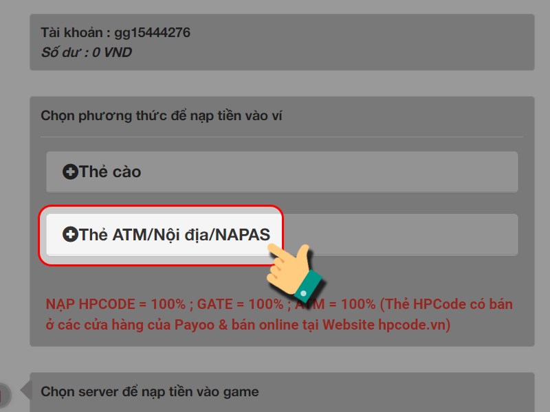 Chọn thẻ ATM/Nội địa/NAPAS